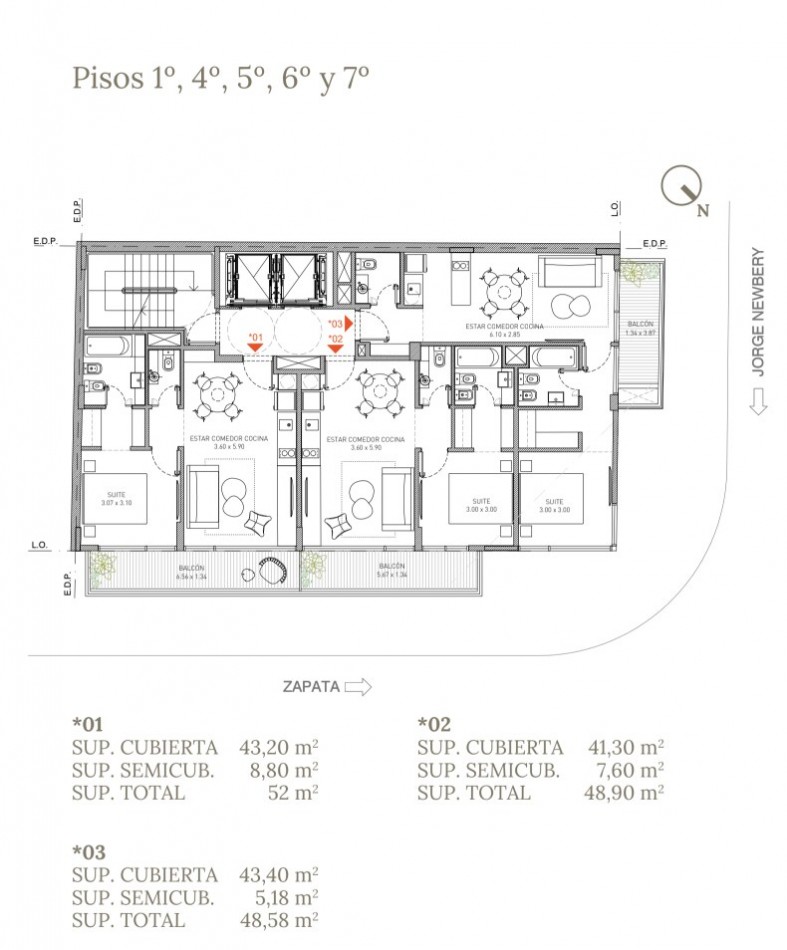 Departamento 2 ambientes en construccion con balcon en Colegiales - Jorge Newbery y Zapata | 48,9 m², piso 6, 12 cuotas