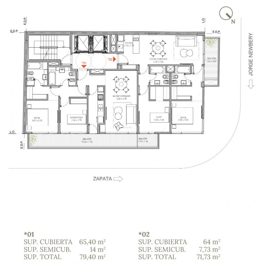 Departamento 3 ambientes en construccion con balcon en Colegiales - Jorge Newbery y Zapata | 71,73 m², piso 7, 12 cuotas