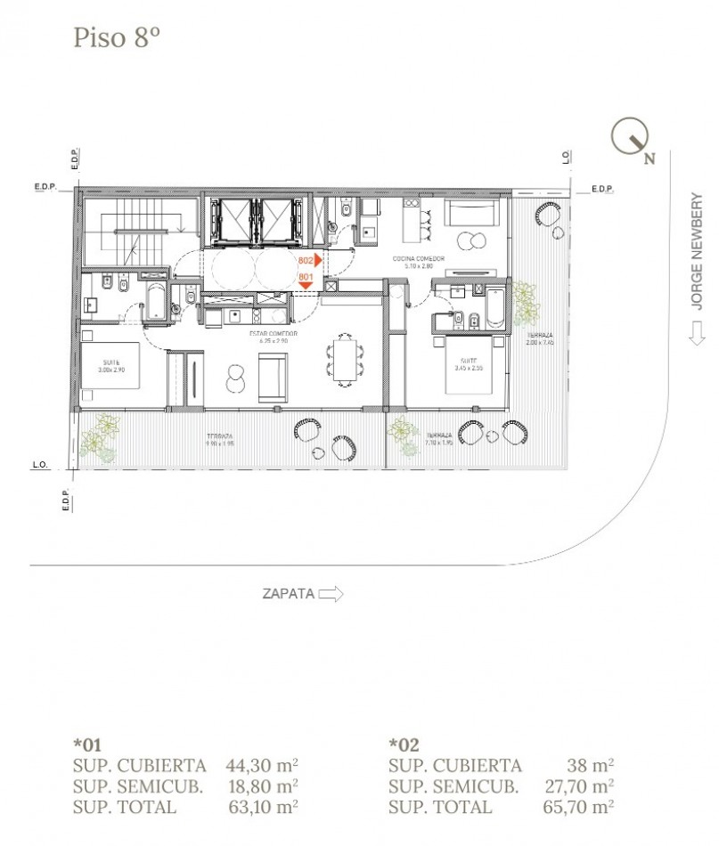 Departamento 2 ambientes en construccion con terraza en Colegiales - Jorge Newbery y Zapata | 63,1 m², piso 8, 12 cuotas