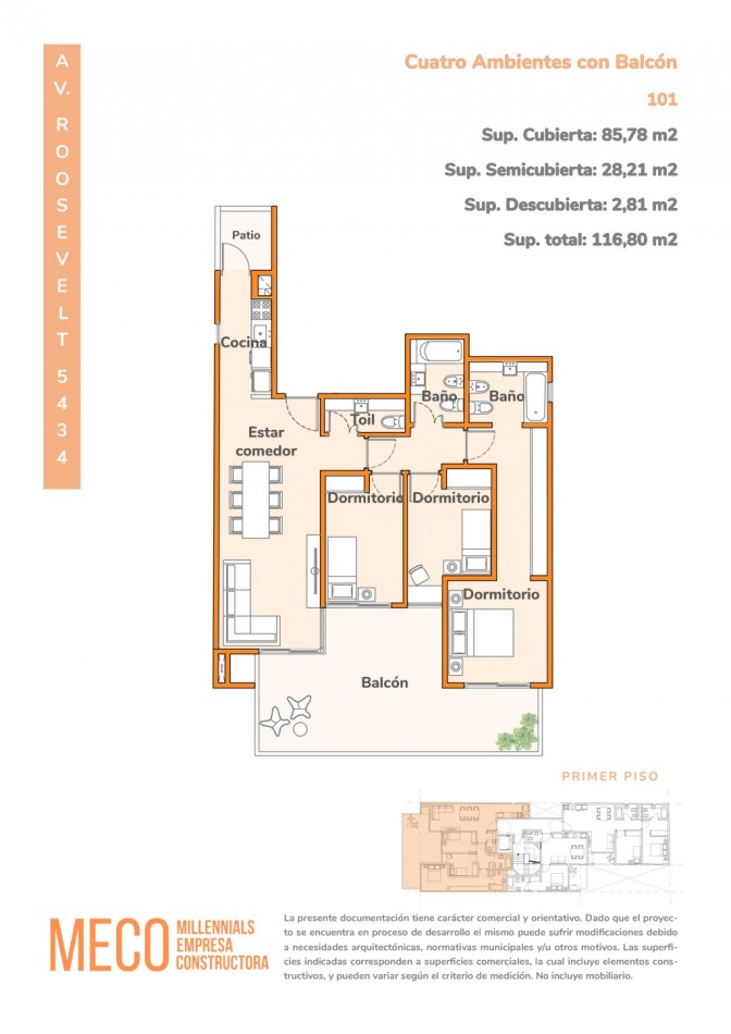 Departamento 4 ambientes en venta con balcon en Villa Urquiza - Av. Roosevelt 5434 | 116,8 m², piso 1, 30 cuotas