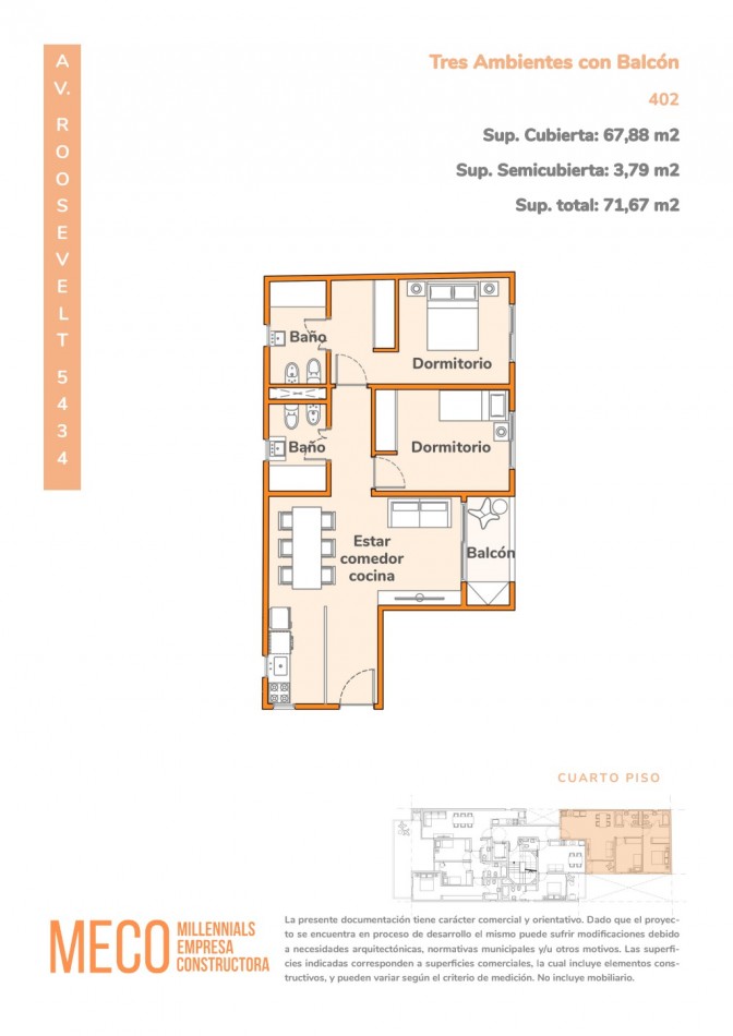 Departamento 3 ambientes en preventa en Villa Urquiza - Av. Roosevelt 5434 | 71,67 m², piso 4, 30 cuotas