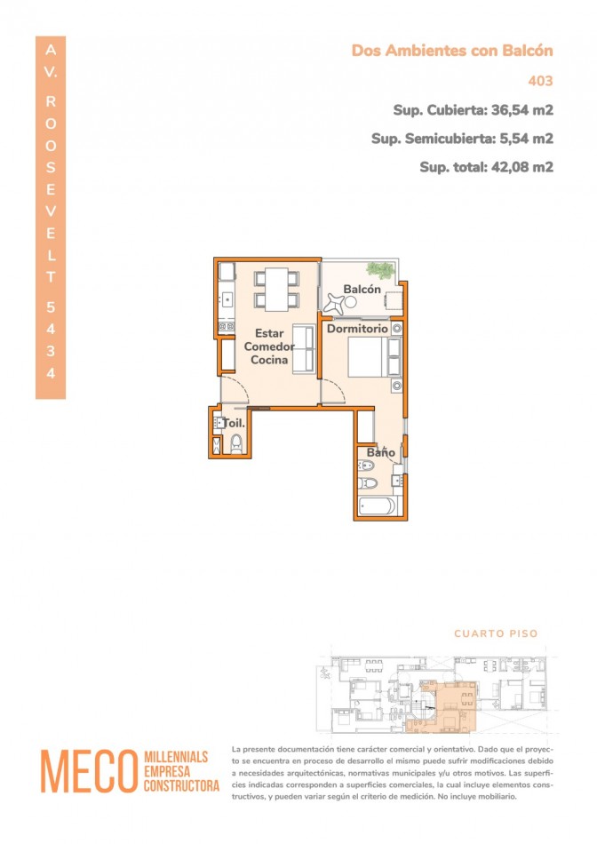 Departamento 2 ambientes en preventa con balcon en Villa Urquiza - Av. Roosevelt 5434 | 42,08 m², piso 4, 30 cuotas